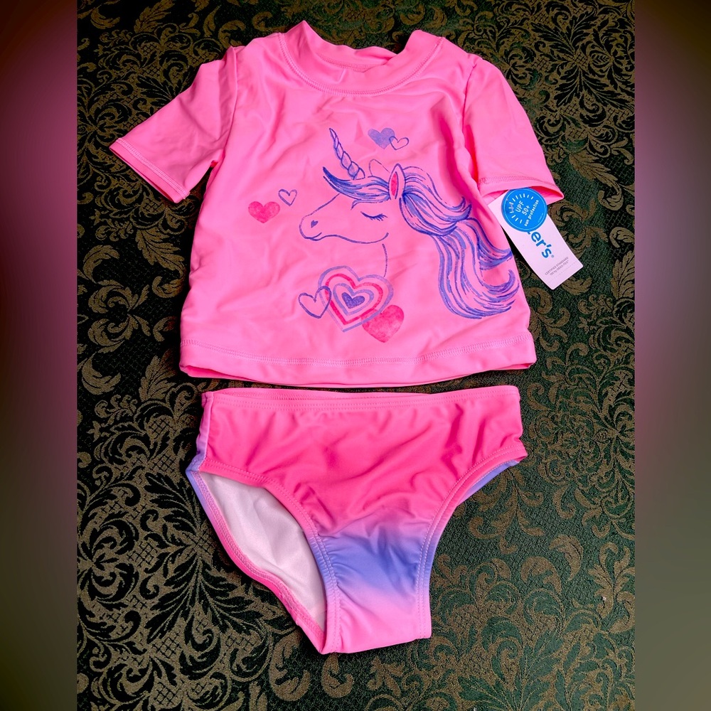 NWT 3t carters 2 pc unicorn ombre swim suit bathing rash guard bikini vacation